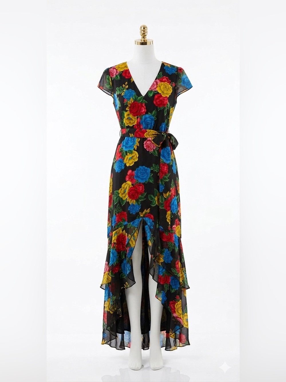 Alice + Olivia Black Floral High-Low Maxi Dress with Red, Blue & Yellow Roses